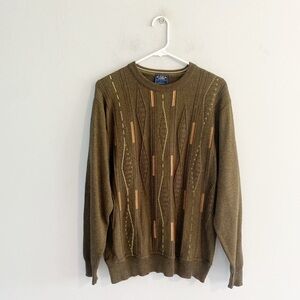 Montechiaro Italian Olive Crewneck Sweater with Geometric Accents